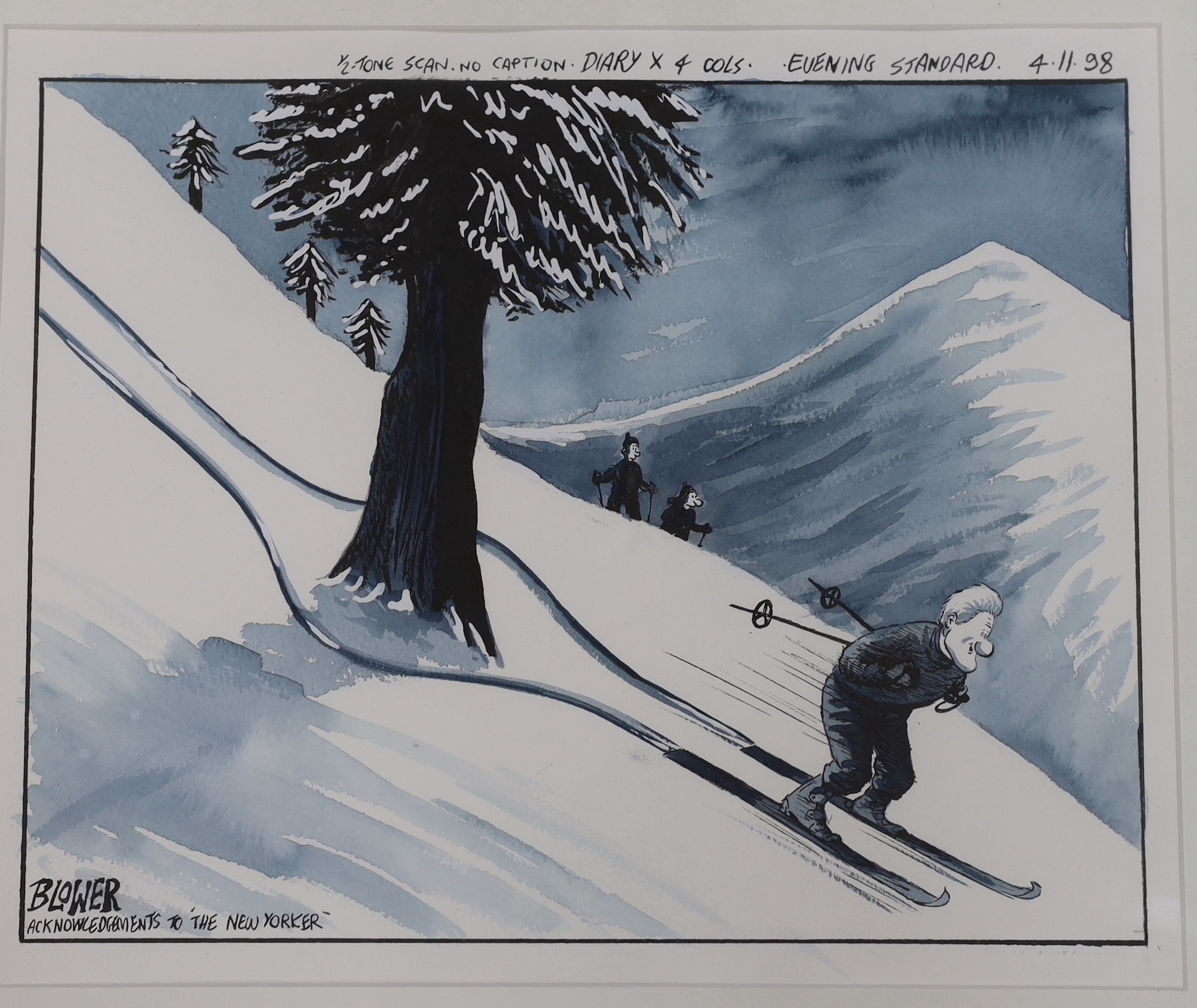 Patrick Blower (b.1959), three original ink and watercolour cartoons for The Evening Standard, 'Bill Clinton ski-ing', 'Tory Crime Policy' and 'Conservative Conference 1998', signed, 30 x 37cm